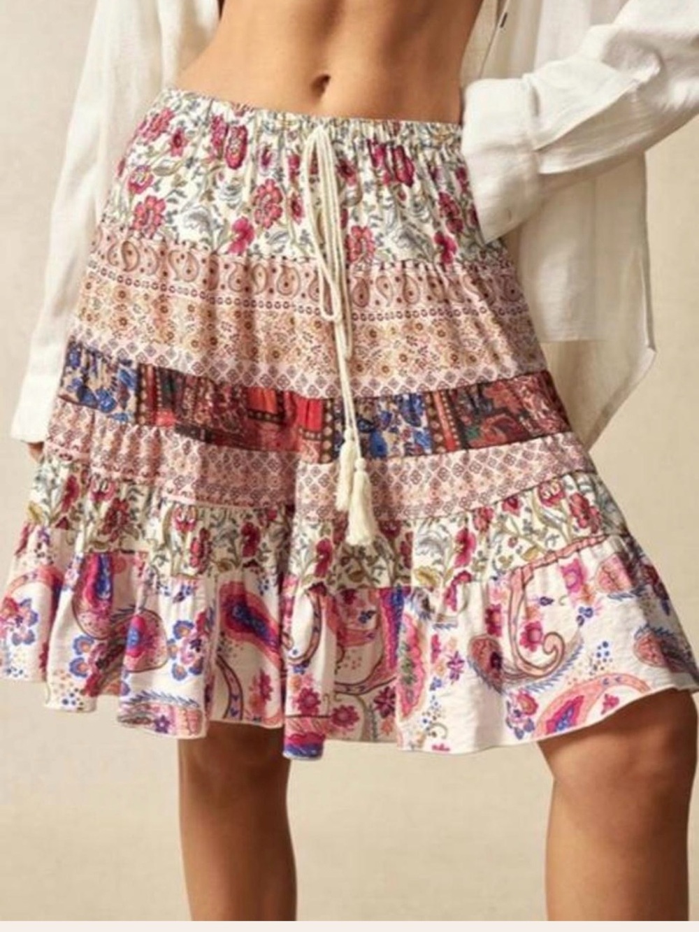 Boutique Boho Patchwork Tiered Floral Paisley Skirt - White/Pink Size L
